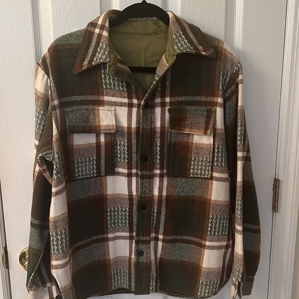 Green Brown White Plaid Heavy Flannel Button Up Fall Winter Shirt Blouse Top